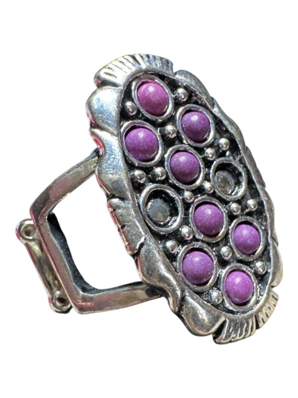 Vintage Silver-Tone Stretch Ring with Purple Beaded Accents & Oval Design